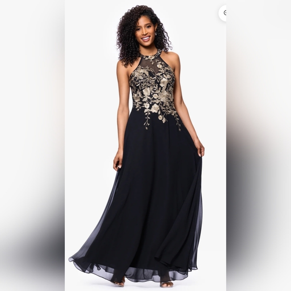 Betsy & Adam Dresses & Skirts - Betsy & Adam Navy and Gold Embroidered Formal Halter Dress Size 8P
